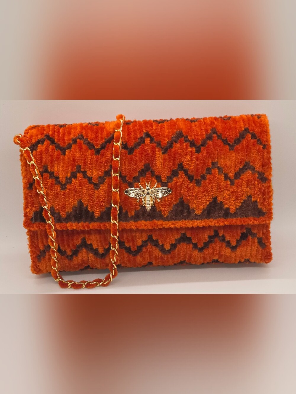 Orange Velvet Chain Shoulder Bag with Gold Bee Accent